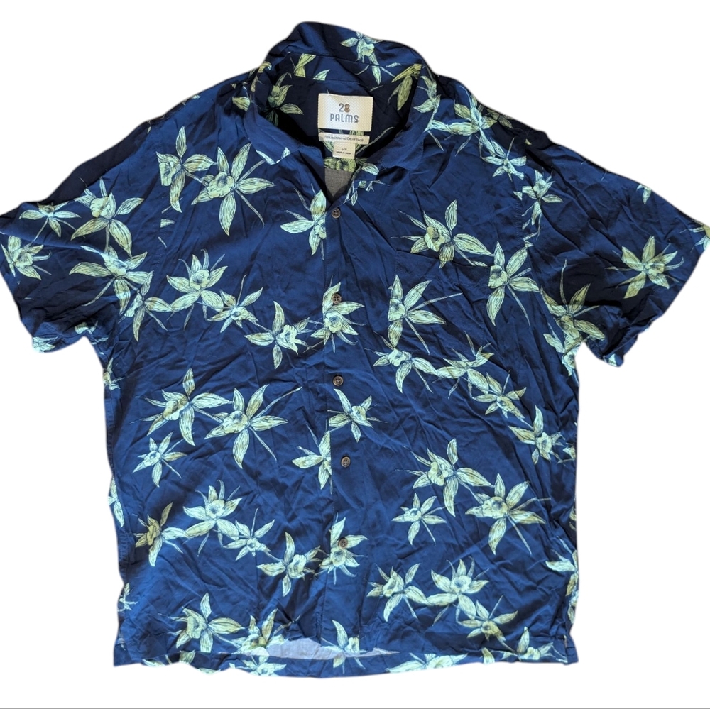 28 Palms Men's Button Up Blue Tropical Short Sleeve Shirt Large